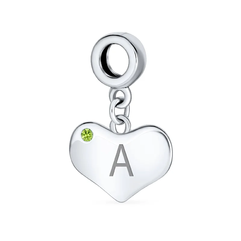 Birthstone Cuff Bracelets-Initial Alphabet Bead Charm Lime Green Peridot Heart Dangle for European Bracelet