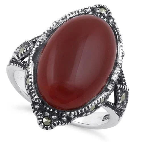 Solitaire Rings-Sterling Silver Oval Red Agate Marcasite Ring