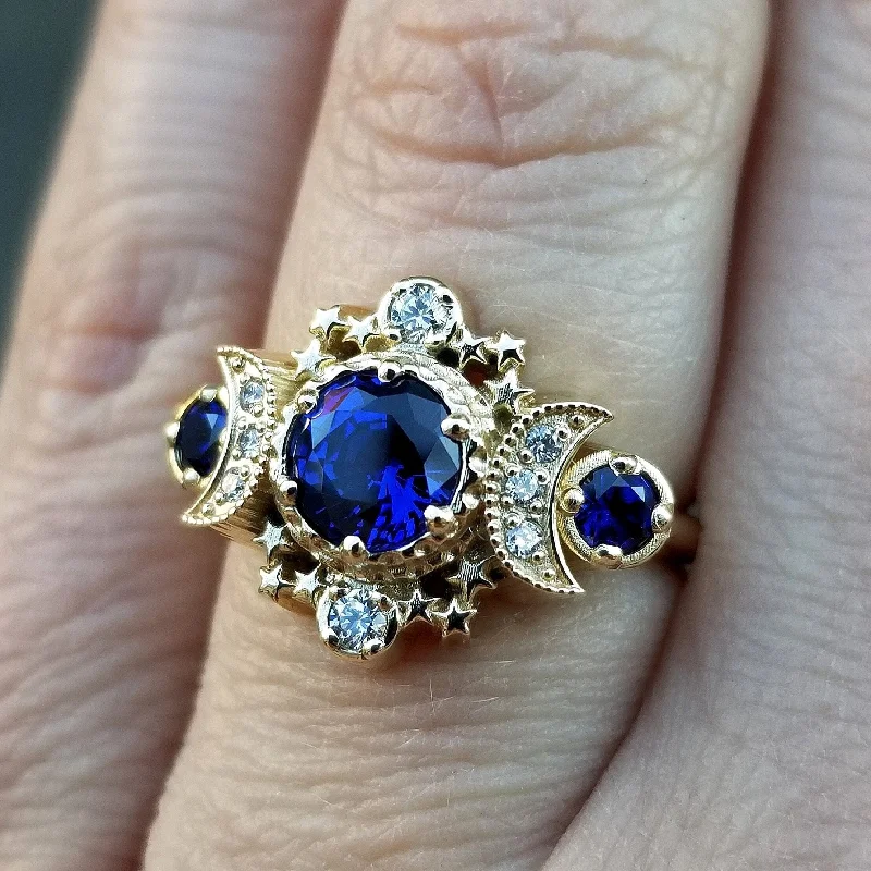 Cocktail Rings-Chatham Sapphire Cosmos Triple Moon Engagement Ring - 14k Gold and Diamonds