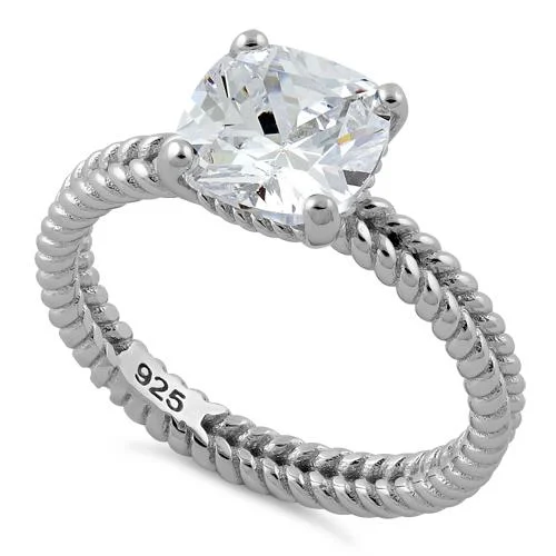 Designer Gold Rings-Sterling Silver Double Rope Cushion CZ Ring