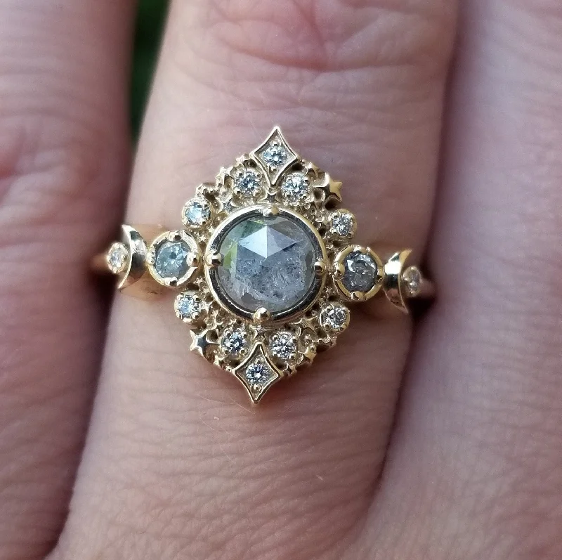 Star Rings-Galaxie Lunar Engagement Ring - 14k Gold - Pick your Salt & Pepper Diamond - Boho Moon Wedding Ring