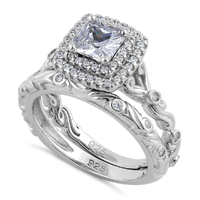 Trendy Rings-Sterling Silver 2-Piece CZ Engagement Ring Set