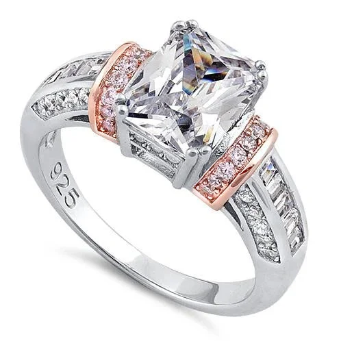 Two-Tone Rings-Sterling Silver Rose Gold-Plated Emerald-Cut CZ Ring