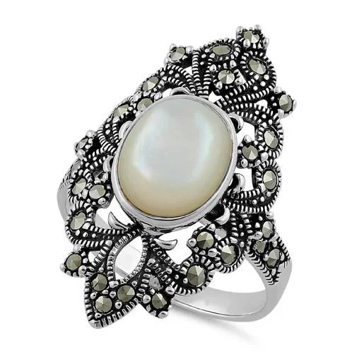 Luxury Rings-Sterling Silver Fleur de Lis Mother of Pearl Marcasite Ring