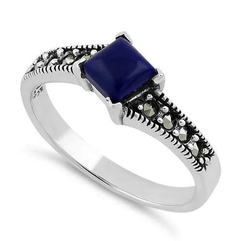 Vintage Silver Rings-Sterling Silver Square Blue Lapis Marcasite Ring