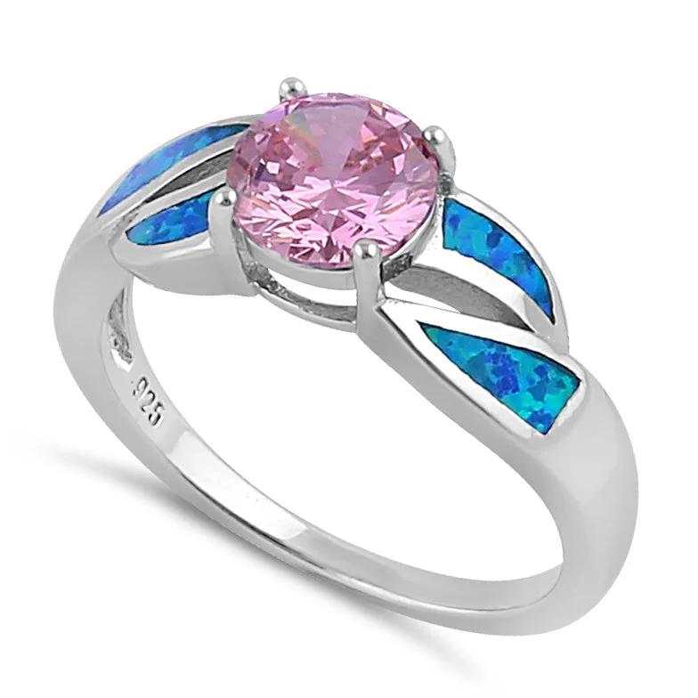 Adjustable Rings-Sterling Silver Lab Opal Round Pink CZ Ring