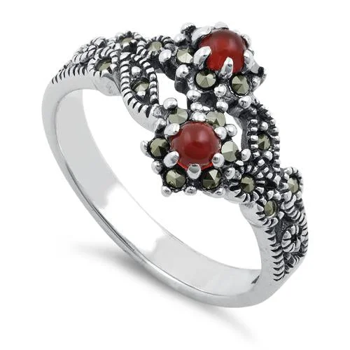 Men’s Fashion Rings-Sterling Silver Red Agate Double Flower Marcasite Ring