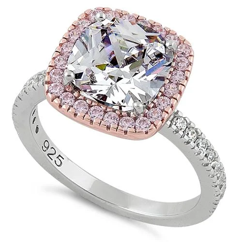 Halo Diamond Rings-Sterling Silver Rose Gold-Plated Cushion-Cut CZ Halo Ring