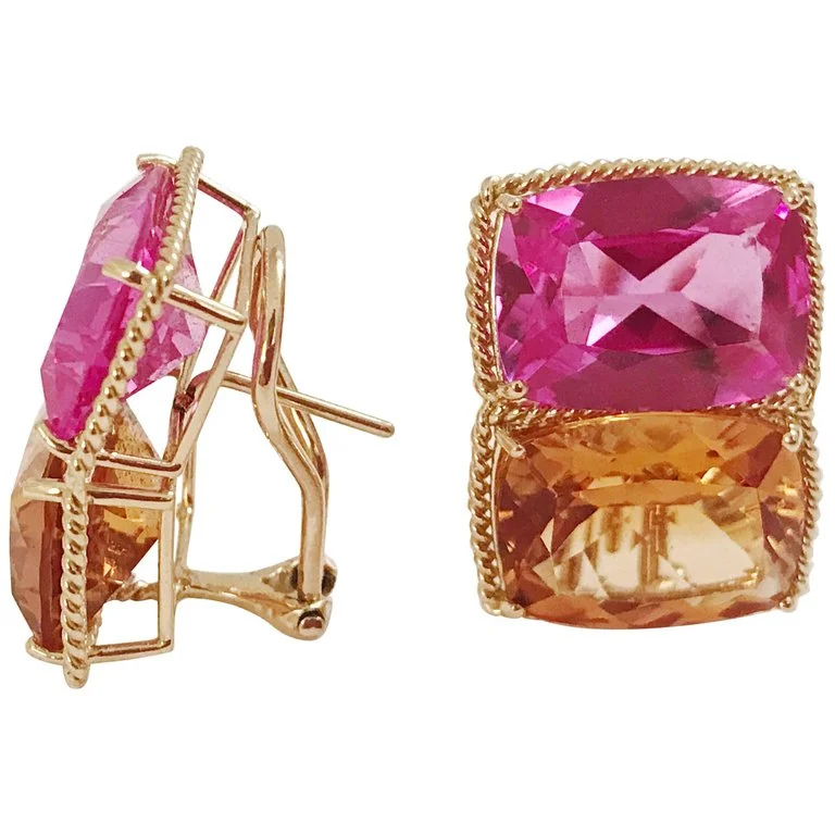 Bridal Stud Earrings-Grande Rope Twist Earring with Hot Pink Topaz and Orange Citrine