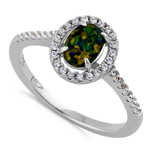 Luxury Wedding Bands-Sterling Silver Green-Black Lab Opal and Clear CZ Oval Halo Ring