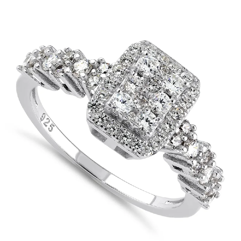 Designer Signet Rings-Sterling Silver CZ Halo Cluster Ring