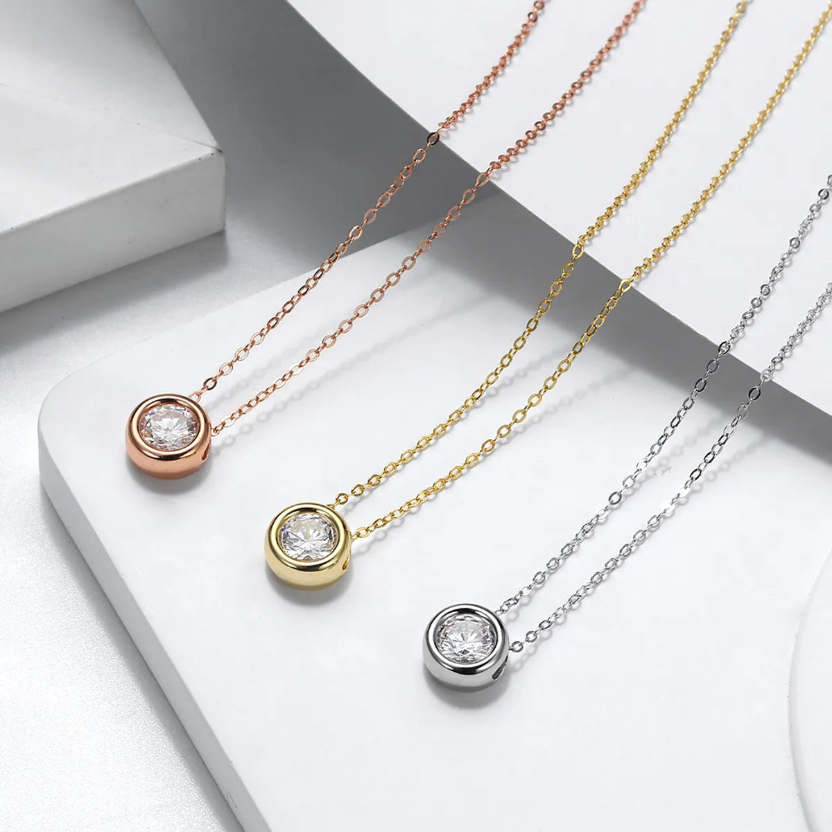 Thin Necklaces-Modern Style Simple Style Classic Style Round Sterling Silver 14k Gold Plated Rose Gold Plated White Gold Plated Zircon Pendant Necklace In Bulk