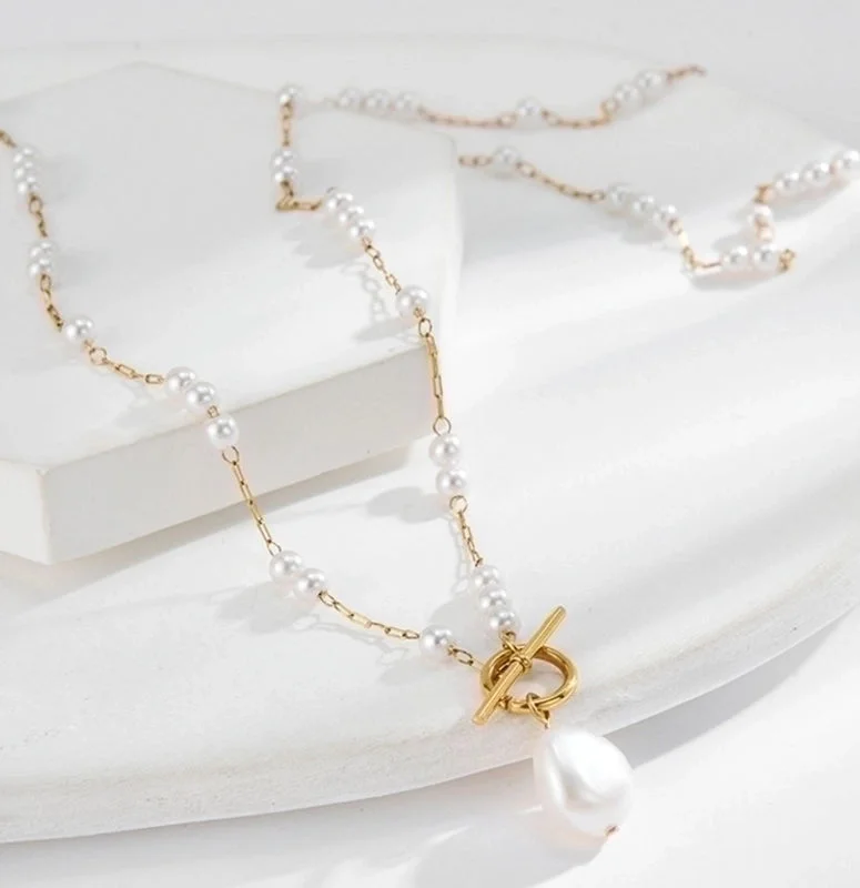 Crystal Pendant Necklaces-Simple Style Round Pearl Titanium Steel Plating 18k Gold Plated Necklace