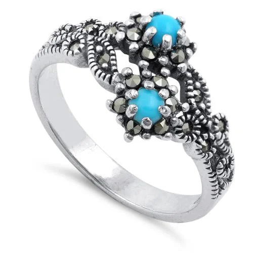 Custom Name Rings for Men-Sterling Silver Simulated Turquoise Double Flower Marcasite Ring