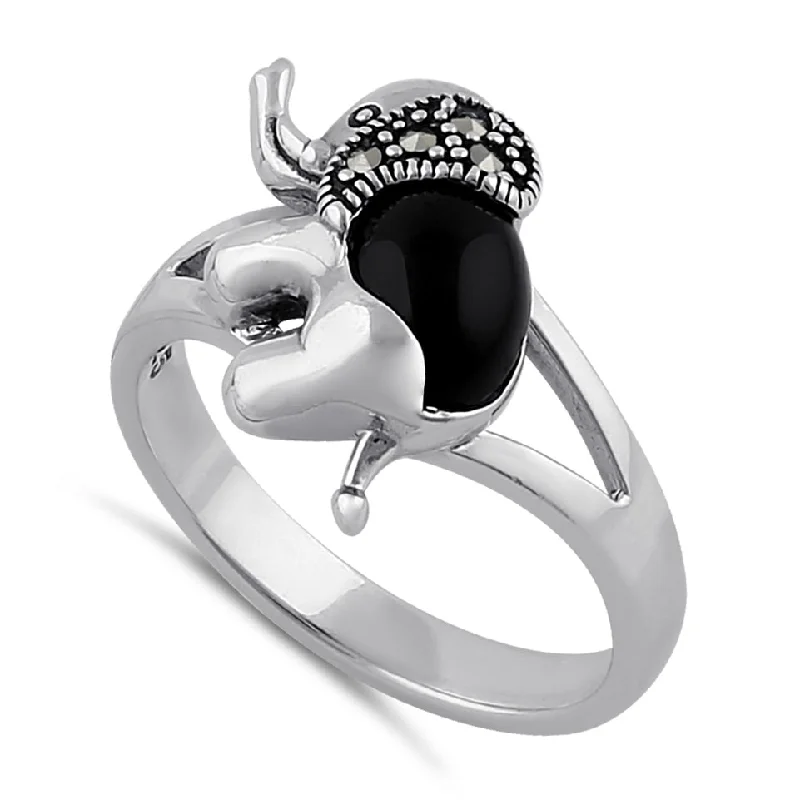 Gold Rings-Sterling Silver Black Onyx Elephant Marcasite Ring