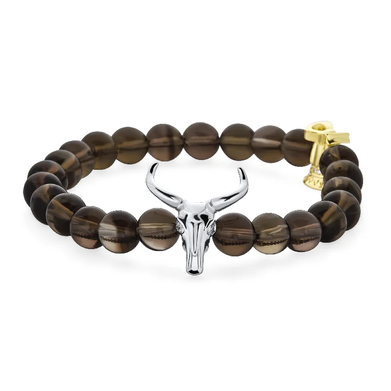 Custom Name Bracelets-Texas Longhorn Stretch Bracelet with Brown Beads