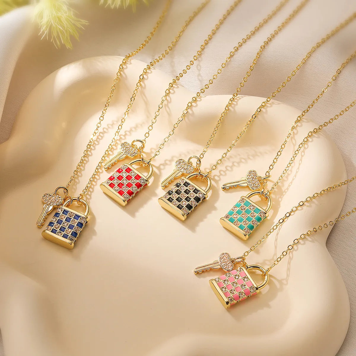 Crystal Pendant Necklaces-Copper Enamel Inlay Checkerboard Key Zircon Pendant Necklace