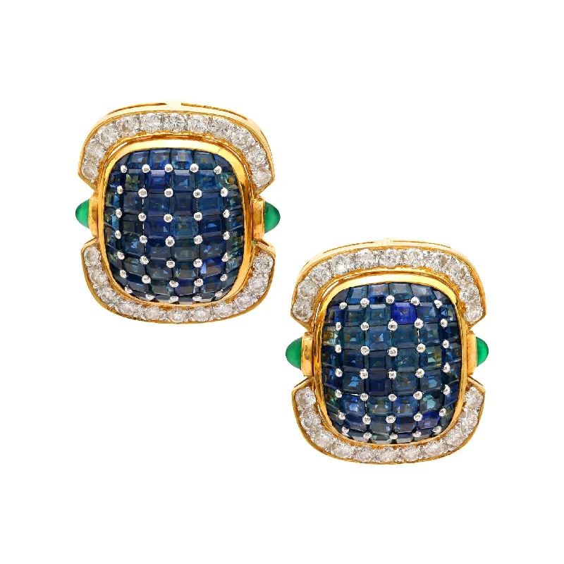 Vintage Drop Earrings-Contemporary 9 carat invisible set sapphire diamond emerald 18k gold earrings