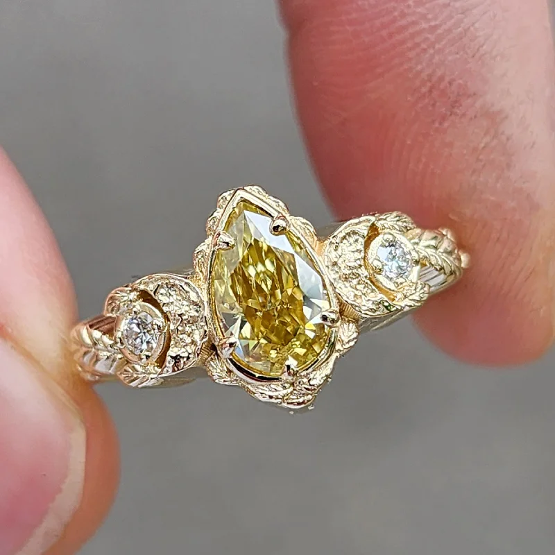 Vintage Cocktail Rings-Leaf & Crescent Moon Ring with Yellow Moissanite Tear Drop and White Diamonds - Nature Inspired Engagement Ring