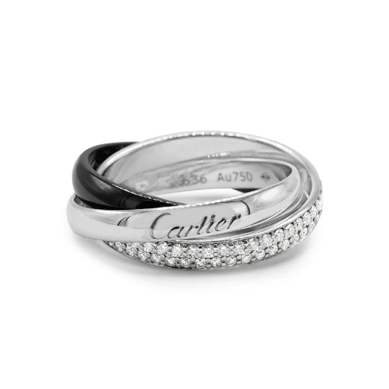 Black Titanium Rings-Cartier Trinity Ring, Diamond & Black Ceramic Size 52 - 18ct White Gold