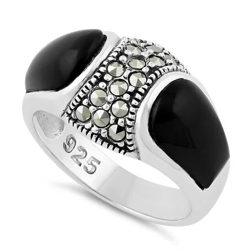 Infinity Rings-Sterling Silver Black Onyx Marcasite Ring