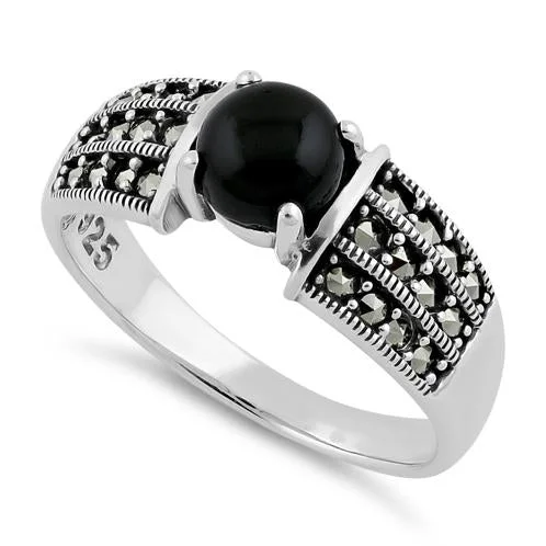 Engagement Rings-Sterling Silver Round Black Onyx Marcasite Ring