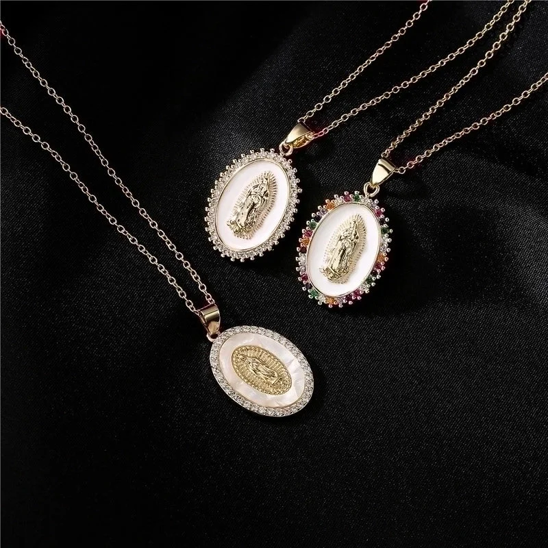 Statement Necklace Set-New Copper-plated 18k Gold Dripping Oil Zircon Virgin Mary Pendent Necklace Wholesale