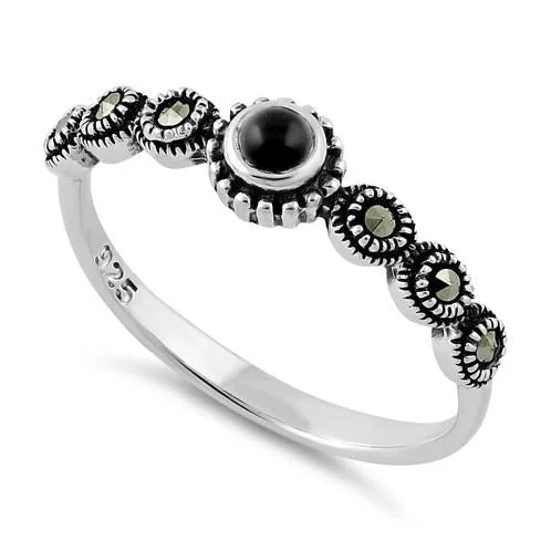 Designer Gold Rings-Sterling Silver Small Round Black Onyx Marcasite Ring