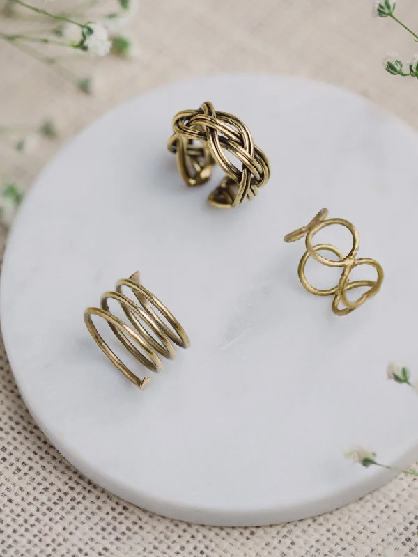 Boho Rings-Strings Tri Statement Brass Rings (Anti Tarnish)