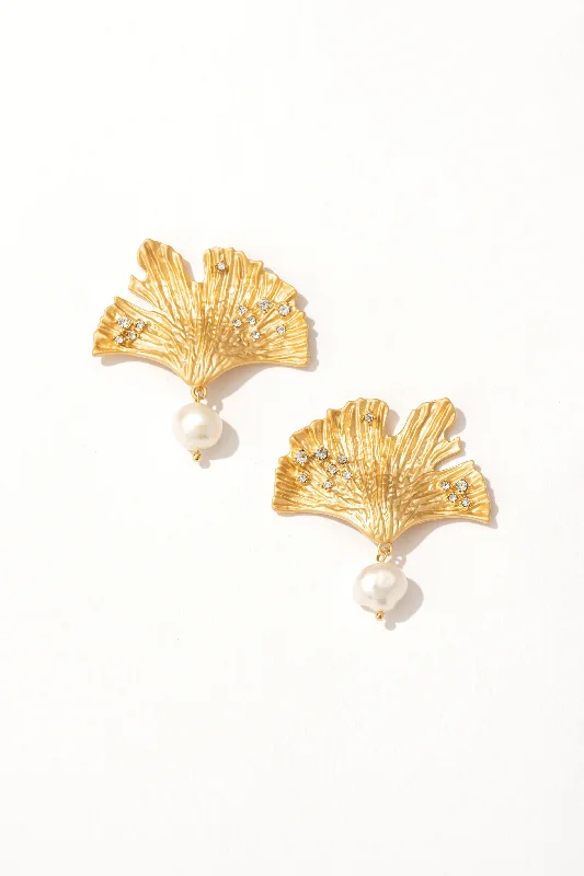 Agate Earrings-Ginkgo Leaf Pearl Drop Earrings