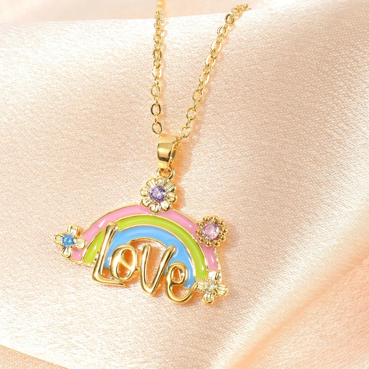 Engraved Name Necklaces-Copper Inlay Letter Rainbow Rhinestones Pendant Necklace