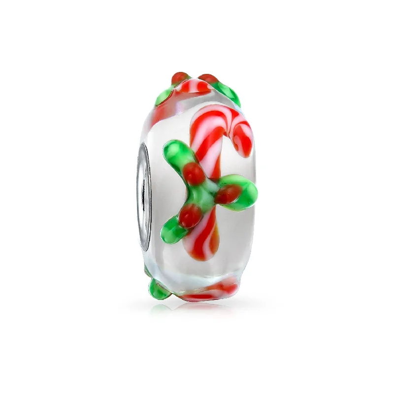 Multi-Strand Bracelets-Christmas Charm Bead Red Candy Cane Peppermint Murano Glass for Bracelets