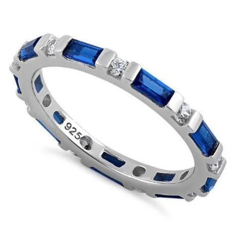 Emerald Cut Rings-Sterling Silver Blue CZ Eternity Ring