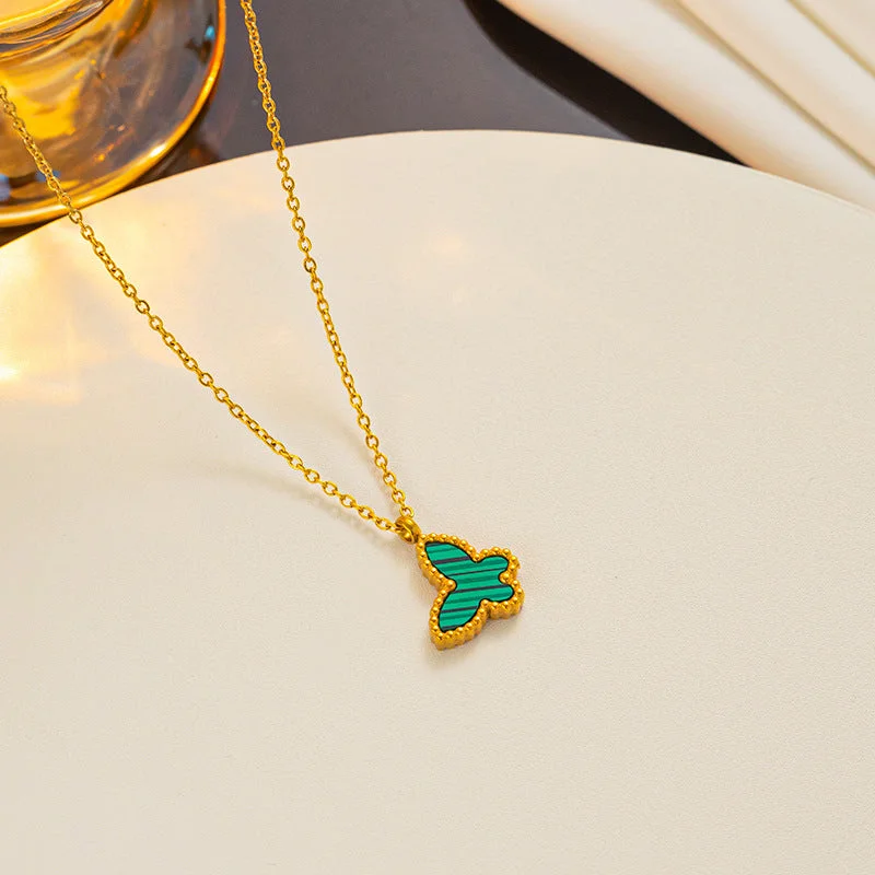 871 Golden Green Shell Butterfly Necklace