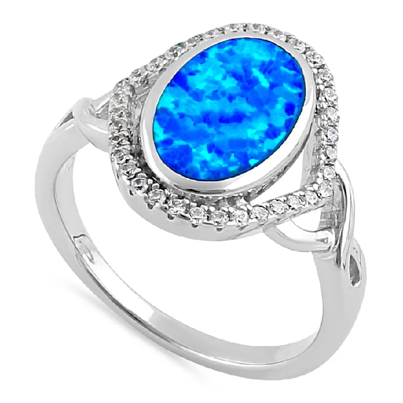 Wedding Rings with Diamonds-Sterling Silver Blue Lab Opal Oval Halo CZ Ring