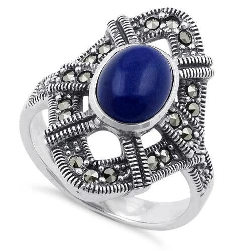 White Gold Rings-Sterling Silver Blue Lapis Oval Marcasite Ring