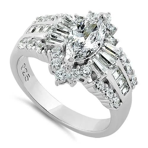 Modern Rings-Sterling Silver Marquise CZ Engagement Ring