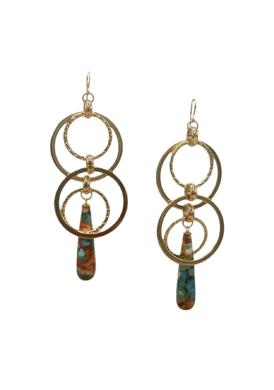 Leather Earrings-Gold Multi-Link Turquoise Oyster Drop Earrings