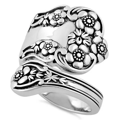 Custom Name Rings-Sterling Silver Extravagant Flower Spoon Ring