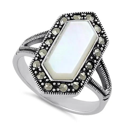 Customizable Rings-Sterling Silver Mother of Pearl Diamond Shaped Marcasite Ring