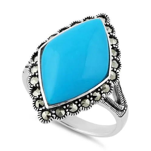 Custom Birthstone Rings-Sterling Silver Simulated Turquoise  Diamond Shape Marcasite Ring