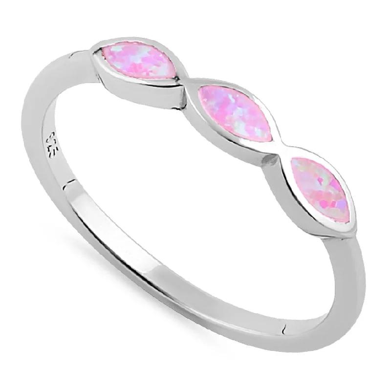 Chunky Rings-Sterling Silver Triple Marquise Pink Lab Opal Ring