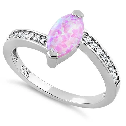 Heart Pendant Rings-Sterling Silver Stylish Pink Lab Opal Marquise Cut & Clear CZ Ring