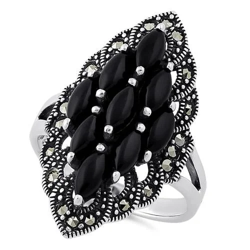 Cross Rings-Sterling Silver Black Onyx Marquise Marcasite Ring