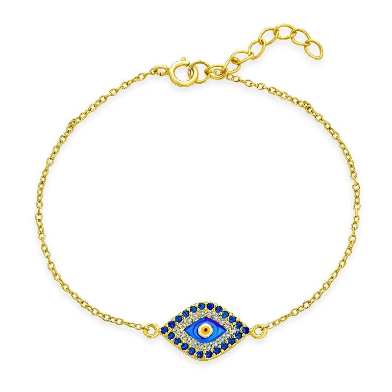 Customizable Charm Bracelets-Delicate Tiny Evil Eye Charm Bracelet CZ Gold Plated .925 Silver