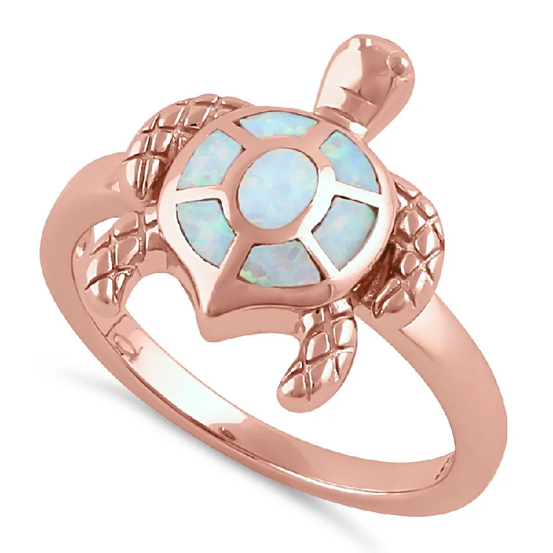 Emerald Cut Rings-Sterling Silver Rose Gold  Turtle White Lab Opal Ring