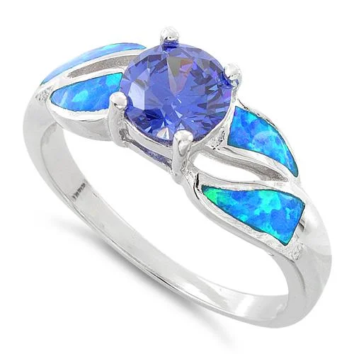 Geometric Rings-Sterling Silver Lab Opal Round Tanzanite CZ Ring