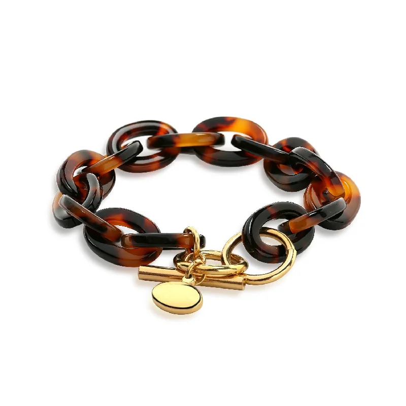 Adjustable Gemstone Bracelets-Fashion Brown Golden Acrylic Leopard Tortoise Shell Chain Link Bracelet