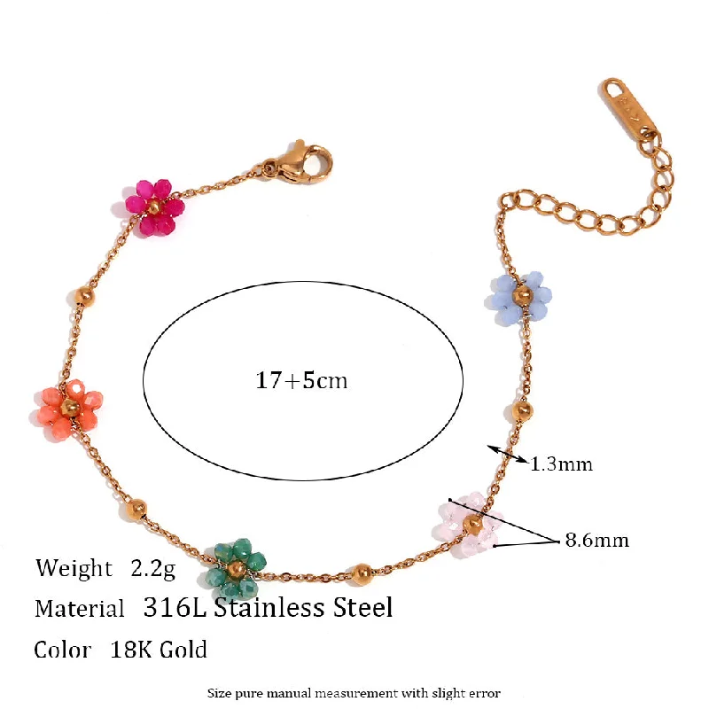 Handmade 5 Colorful Flower Chain Bracelets 17 5cm - Gold