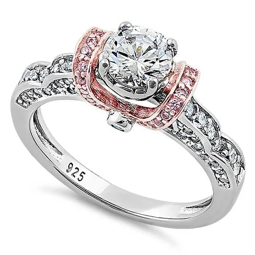 Diamond Solitaire Rings-Sterling Silver Two-Tone CZ Ring